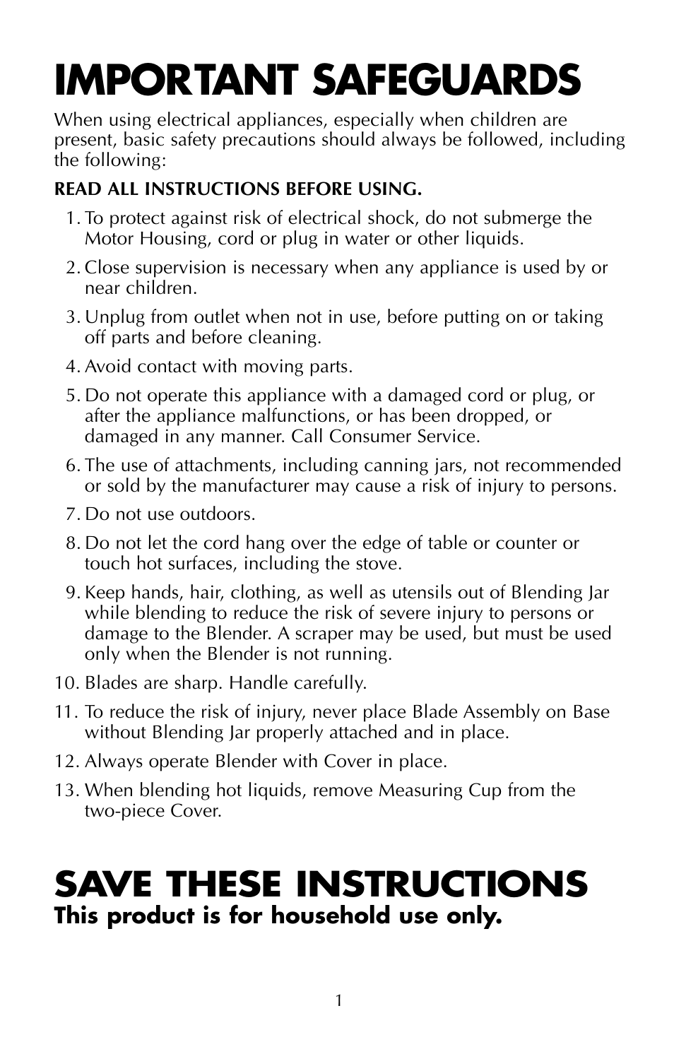 Important safeguards, Save these instructions | FARBERWARE 10 SPEED BLENDER FSB100 User Manual | Page 2 / 12