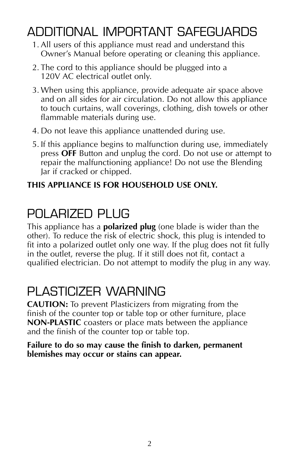 Additional important safeguards, Polarized plug, Plasticizer warning | FARBERWARE 10 SPEED BLENDER FSB100 User Manual | Page 3 / 12