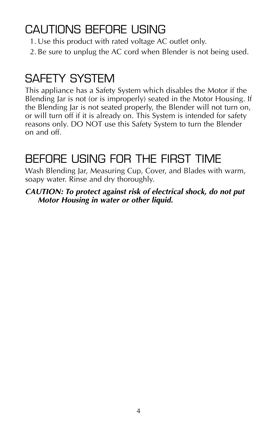Cautions before using, Safety system, Before using for the first time | FARBERWARE 10 SPEED BLENDER FSB100 User Manual | Page 5 / 12