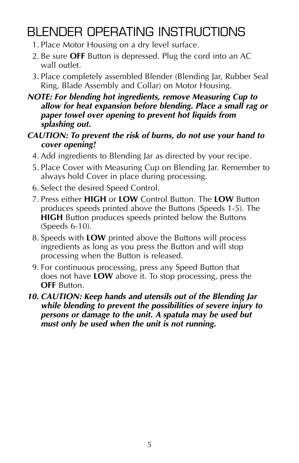Blender operating instructions | FARBERWARE 10 SPEED BLENDER FSB100 User Manual | Page 6 / 12
