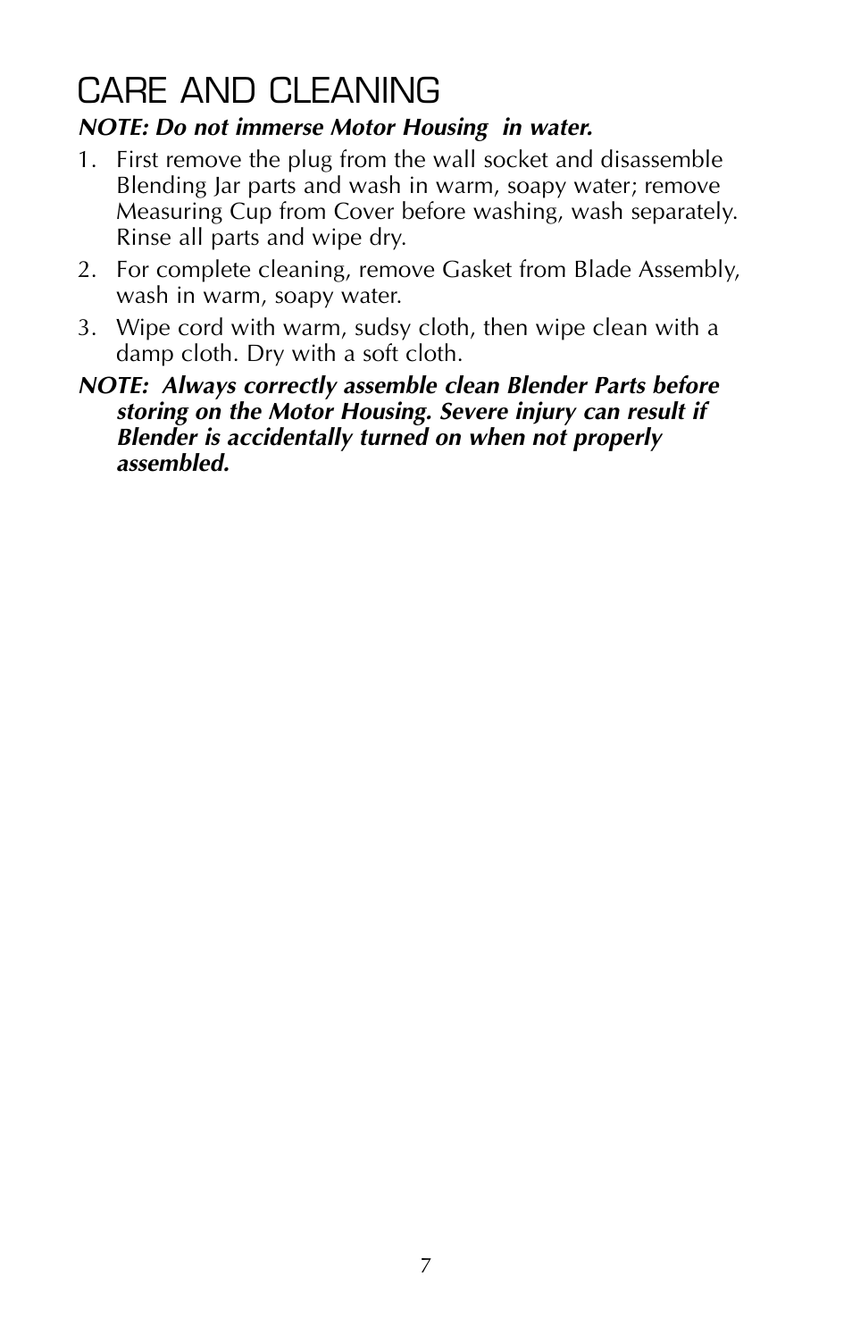 Care and cleaning | FARBERWARE 10 SPEED BLENDER FSB100 User Manual | Page 8 / 12
