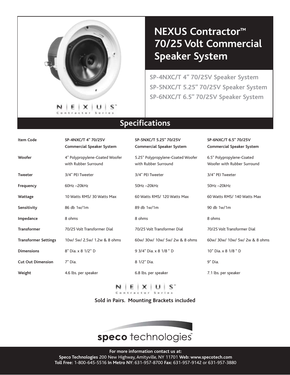 Nexus contractor, 70/25 volt commercial speaker system, Specifications | Speco Technologies NXC Series User Manual | Page 2 / 2