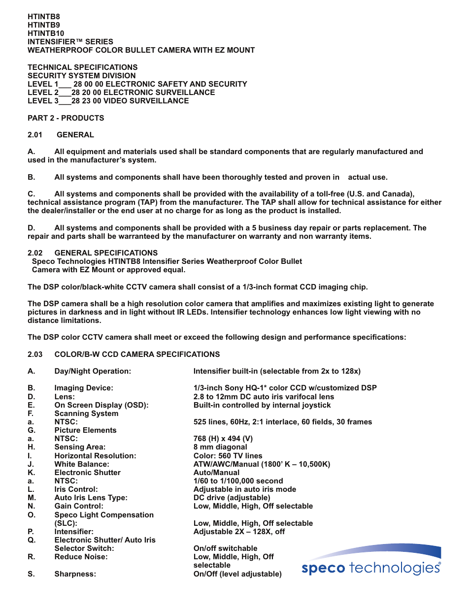 Speco Technologies INTENSIFIER HTINTB10 User Manual | 2 pages