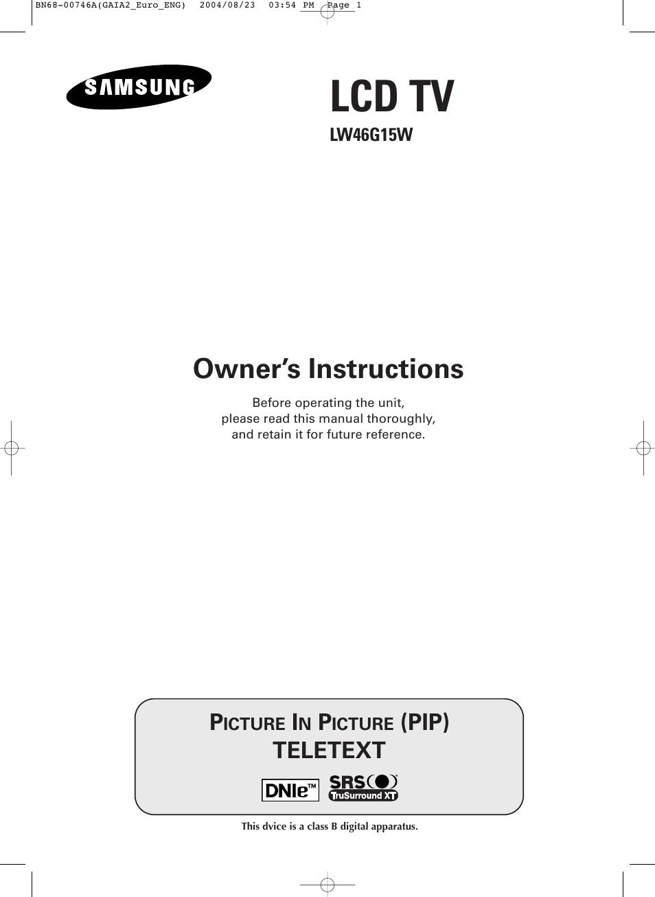 Samsung LW-46G15 W User Manual | 72 pages