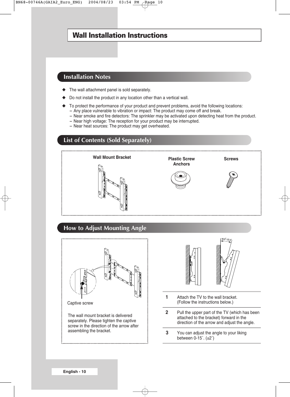 Wall installation instructions, List of contents (sold separately), How to adjust mounting angle | Samsung LW-46G15 W User Manual | Page 10 / 72