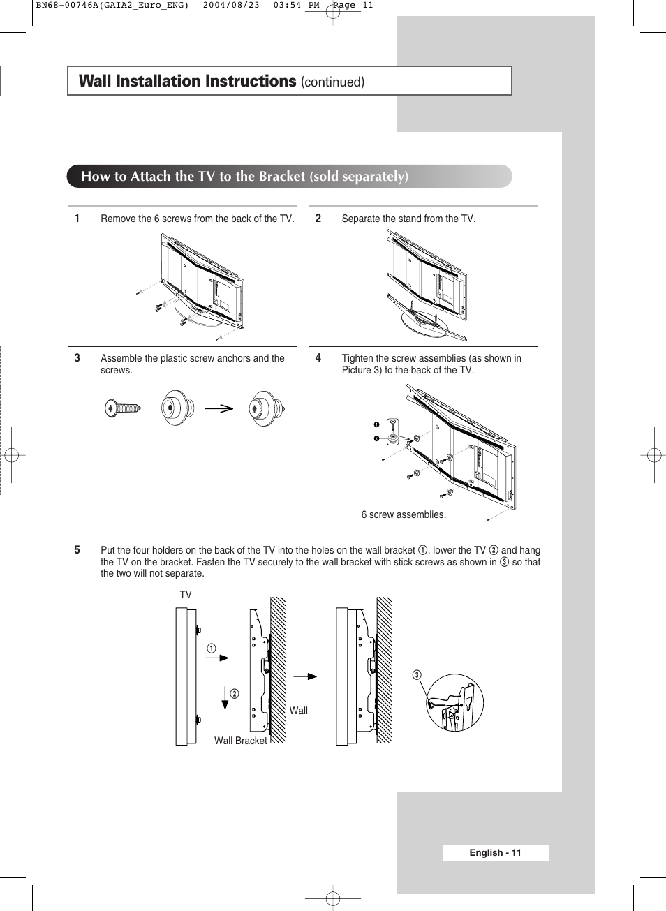 Wall installation instructions, Continued) | Samsung LW-46G15 W User Manual | Page 11 / 72