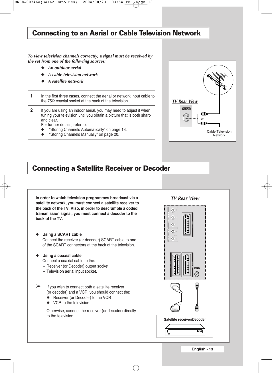Connecting a satellite receiver or decoder | Samsung LW-46G15 W User Manual | Page 13 / 72