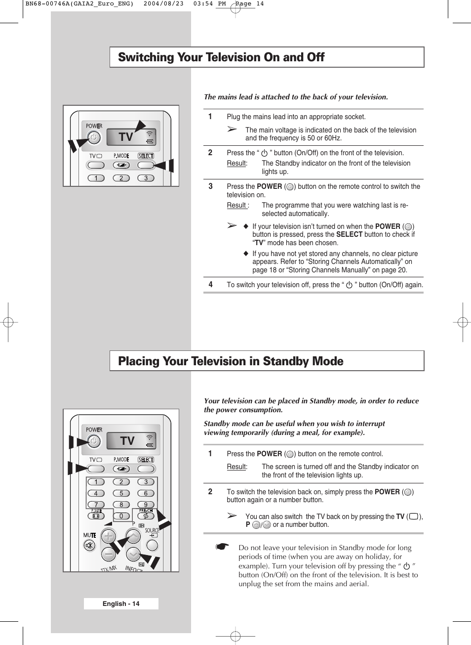 Switching your television on and off, Placing your television in standby mode | Samsung LW-46G15 W User Manual | Page 14 / 72