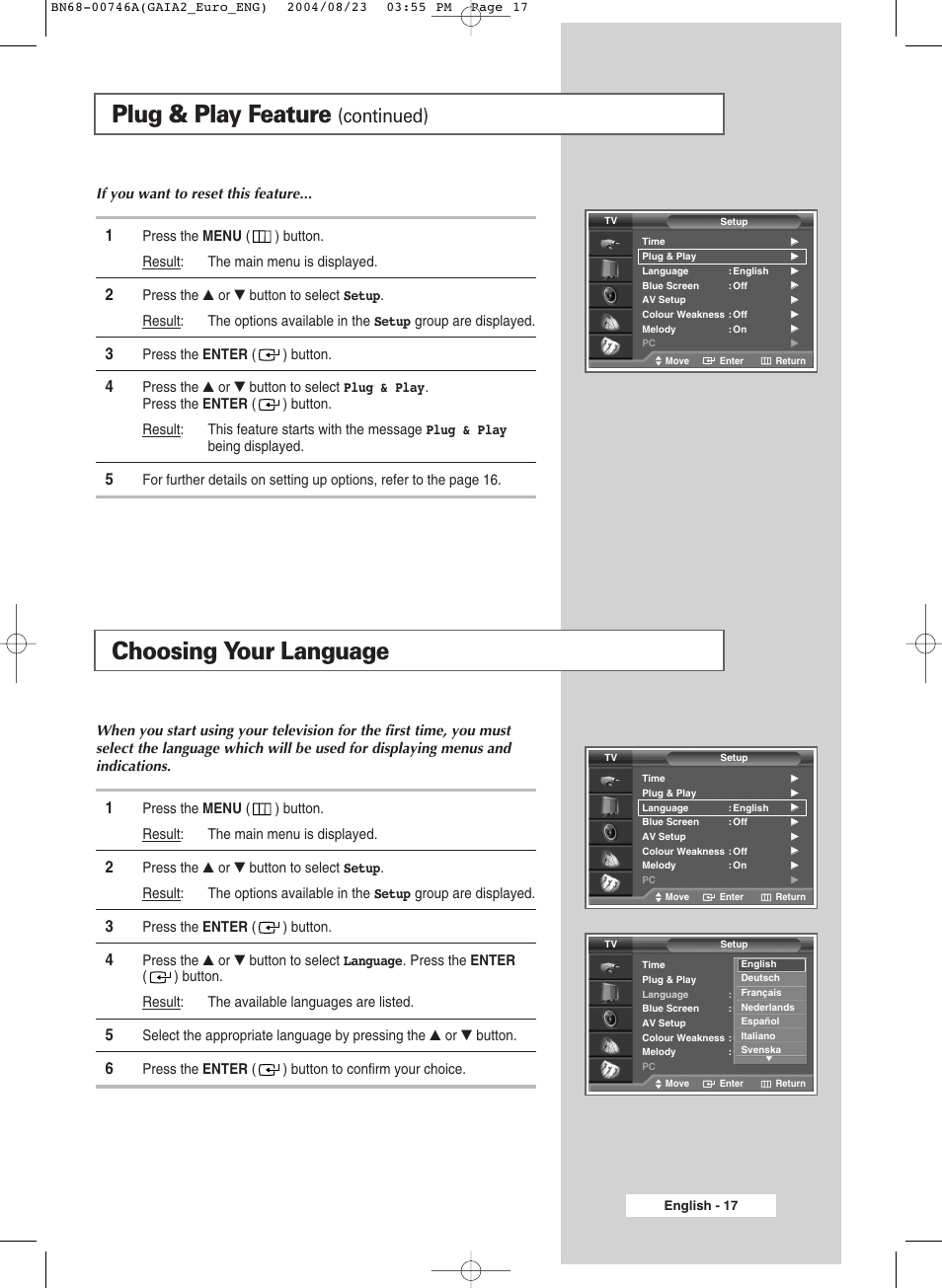 Plug & play feature, Choosing your language, Continued) | Samsung LW-46G15 W User Manual | Page 17 / 72