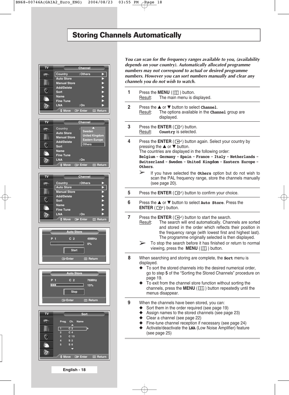 Storing channels automatically | Samsung LW-46G15 W User Manual | Page 18 / 72