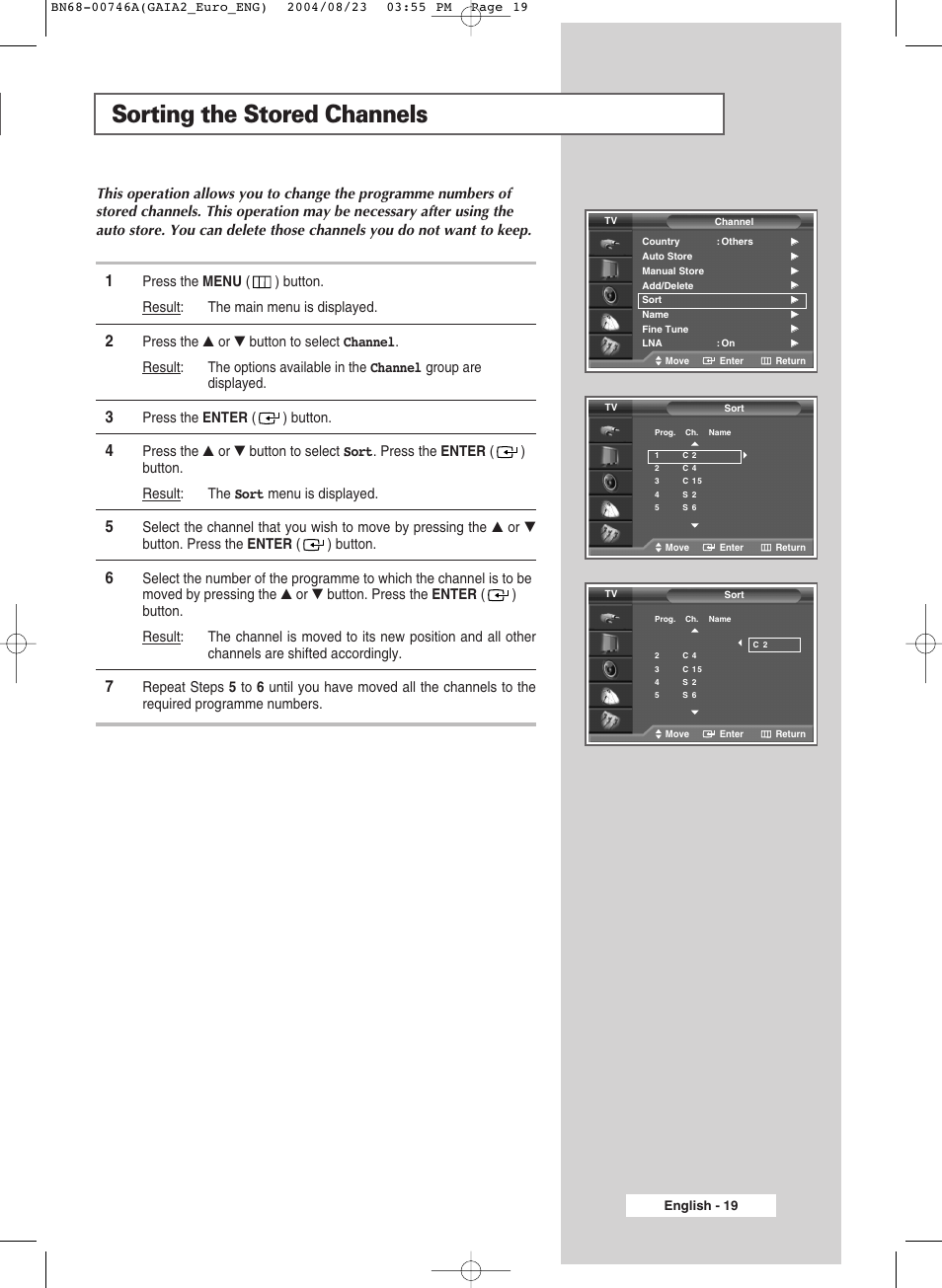 Sorting the stored channels, Press the enter ( ) button | Samsung LW-46G15 W User Manual | Page 19 / 72