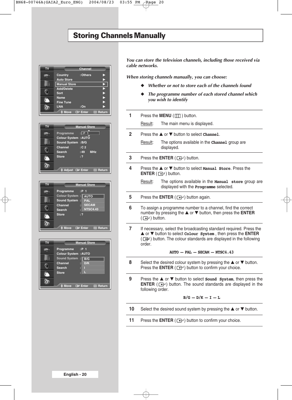 Storing channels manually | Samsung LW-46G15 W User Manual | Page 20 / 72