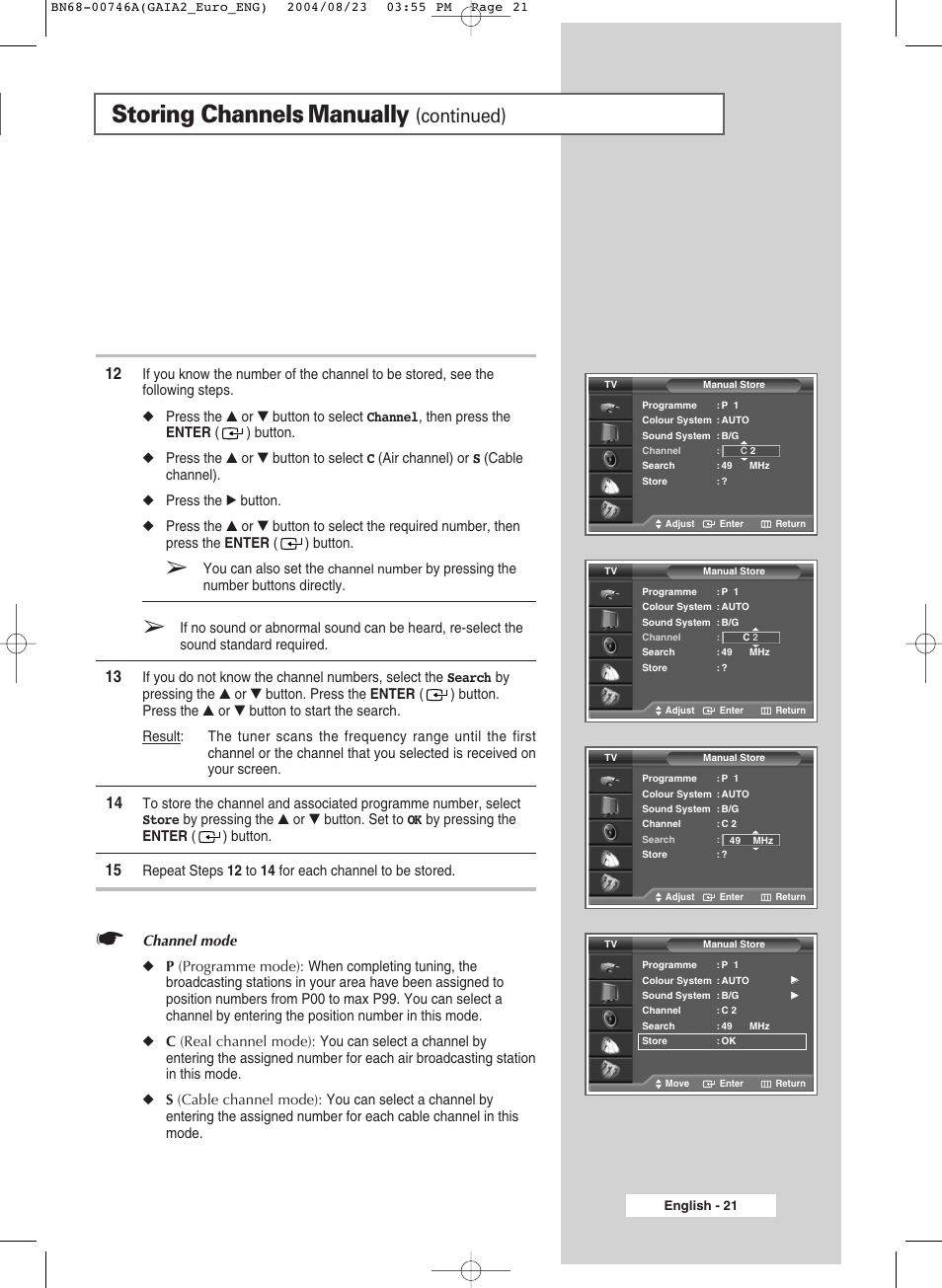 Storing channels manually, Continued) | Samsung LW-46G15 W User Manual | Page 21 / 72
