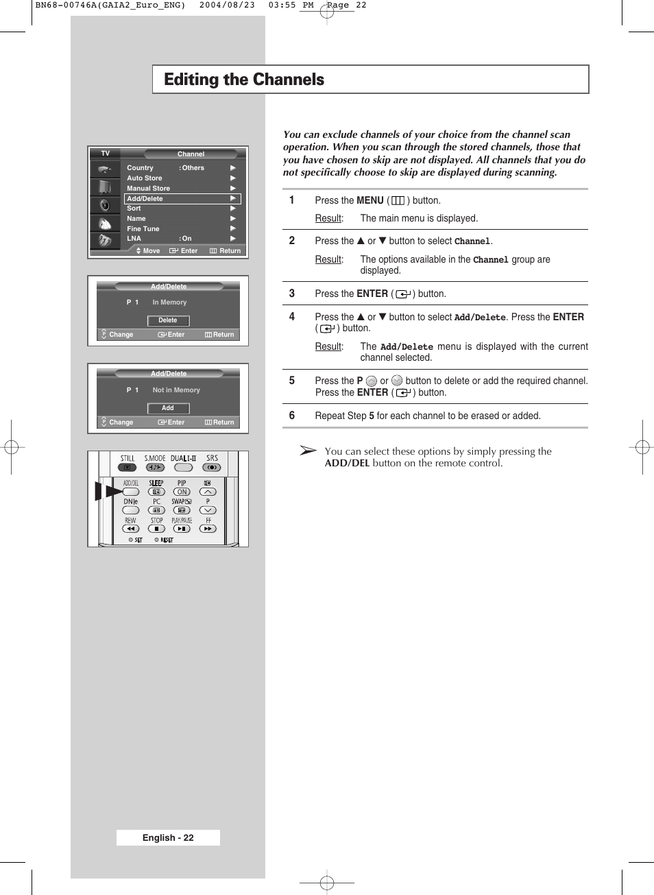 Editing the channels | Samsung LW-46G15 W User Manual | Page 22 / 72
