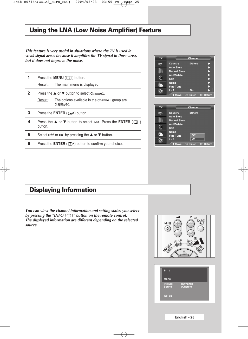 Using the lna (low noise amplifier) feature, Displaying information | Samsung LW-46G15 W User Manual | Page 25 / 72
