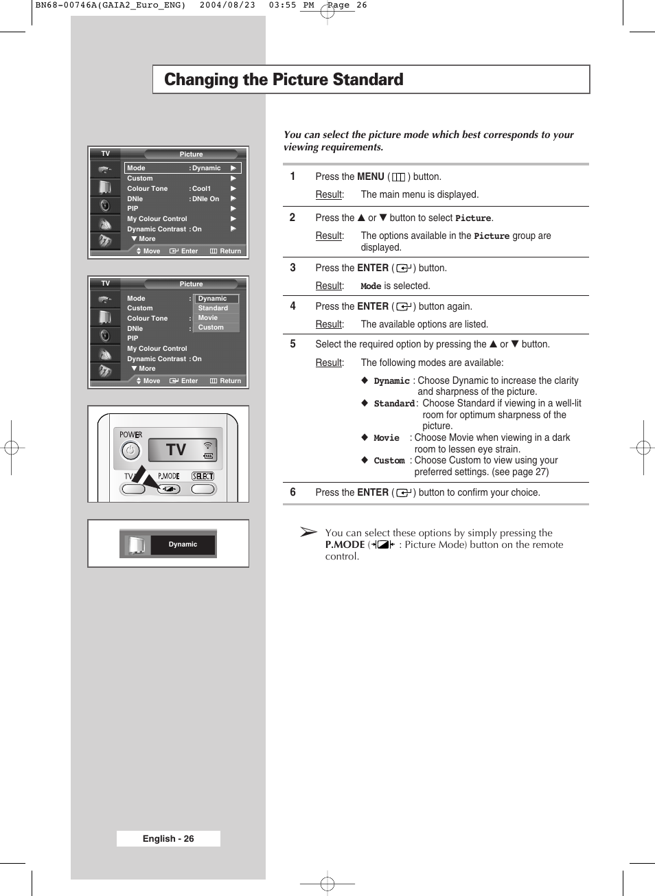 Changing the picture standard | Samsung LW-46G15 W User Manual | Page 26 / 72