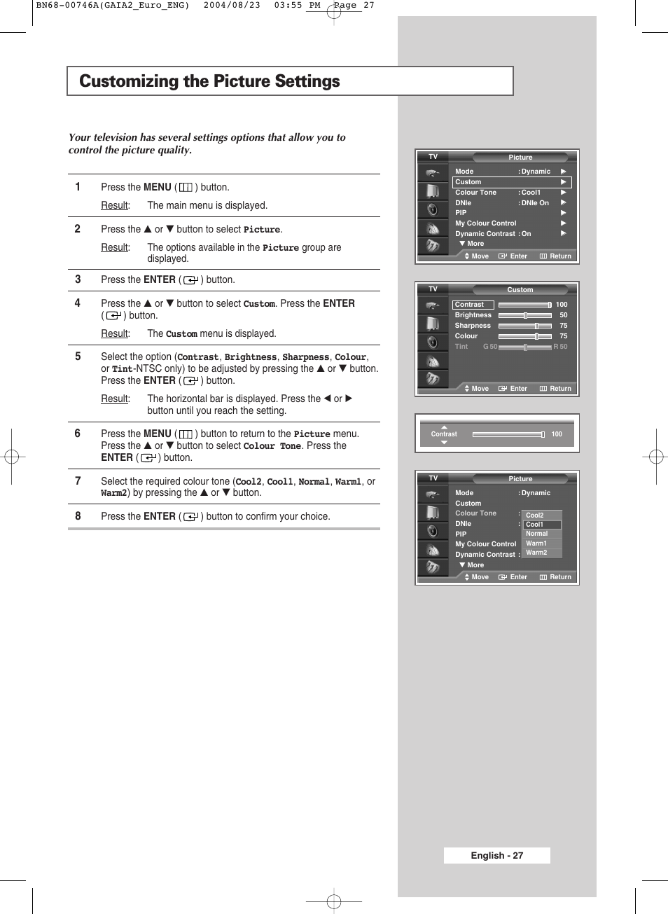 Customizing the picture settings | Samsung LW-46G15 W User Manual | Page 27 / 72