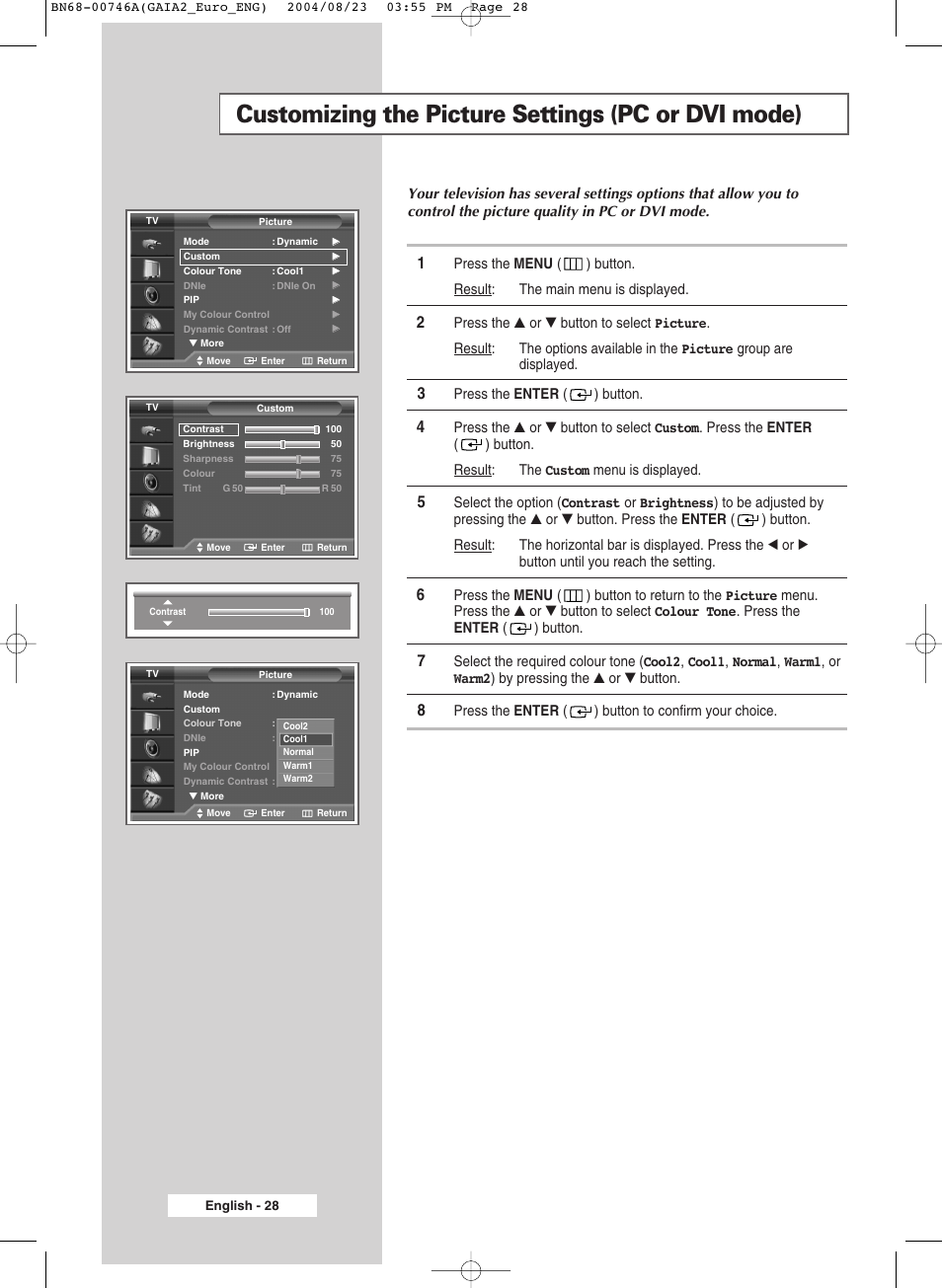 Customizing the picture settings (pc or dvi mode) | Samsung LW-46G15 W User Manual | Page 28 / 72