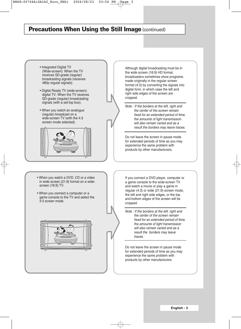 Precautions when using the still image, Continued) | Samsung LW-46G15 W User Manual | Page 3 / 72