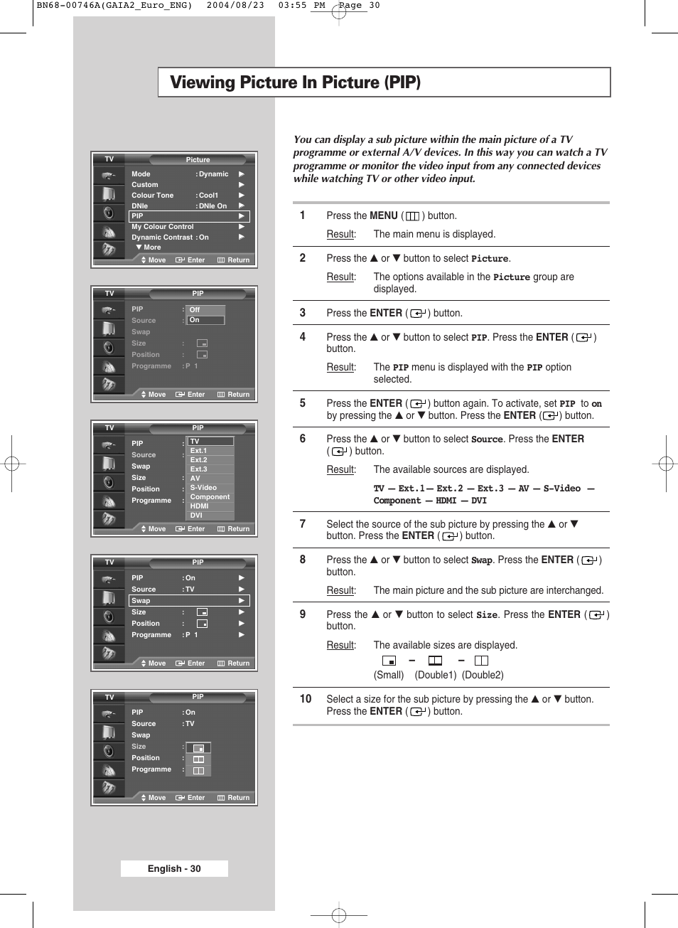 Viewing picture in picture (pip) | Samsung LW-46G15 W User Manual | Page 30 / 72