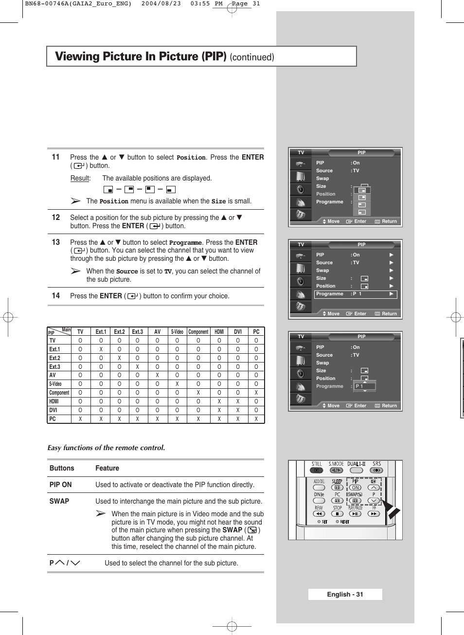 Viewing picture in picture (pip), Continued) | Samsung LW-46G15 W User Manual | Page 31 / 72