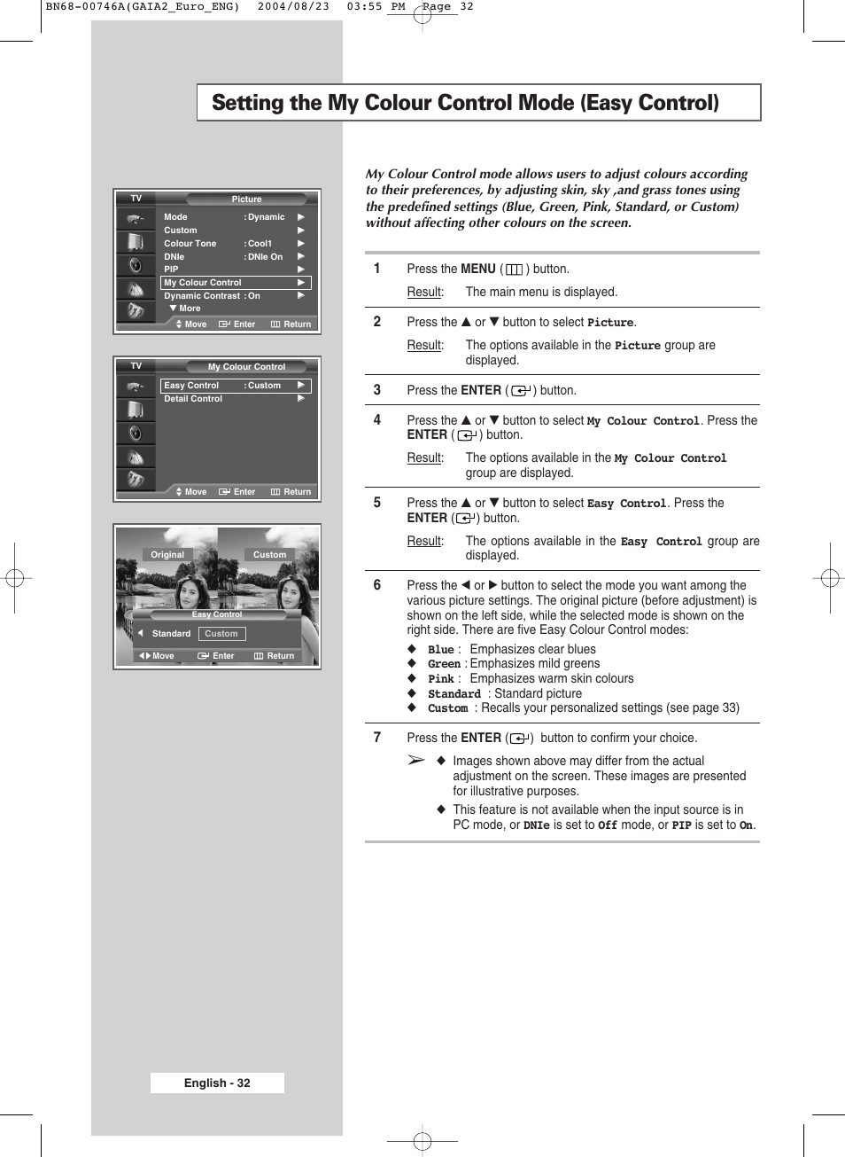 Setting the my colour control mode (easy control) | Samsung LW-46G15 W User Manual | Page 32 / 72