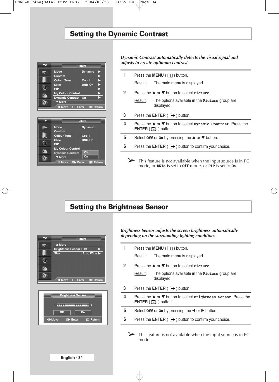 Setting the dynamic contrast, Setting the brightness sensor | Samsung LW-46G15 W User Manual | Page 34 / 72