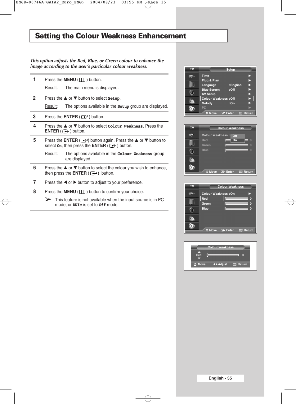 Setting the colour weakness enhancement | Samsung LW-46G15 W User Manual | Page 35 / 72