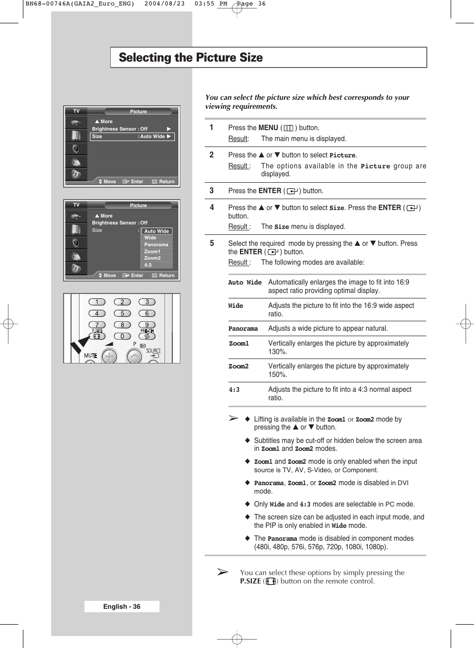 Selecting the picture size | Samsung LW-46G15 W User Manual | Page 36 / 72