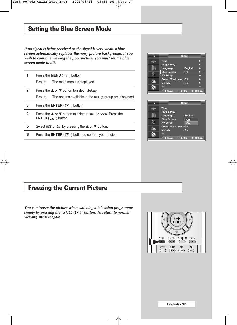 Freezing the current picture, Setting the blue screen mode | Samsung LW-46G15 W User Manual | Page 37 / 72