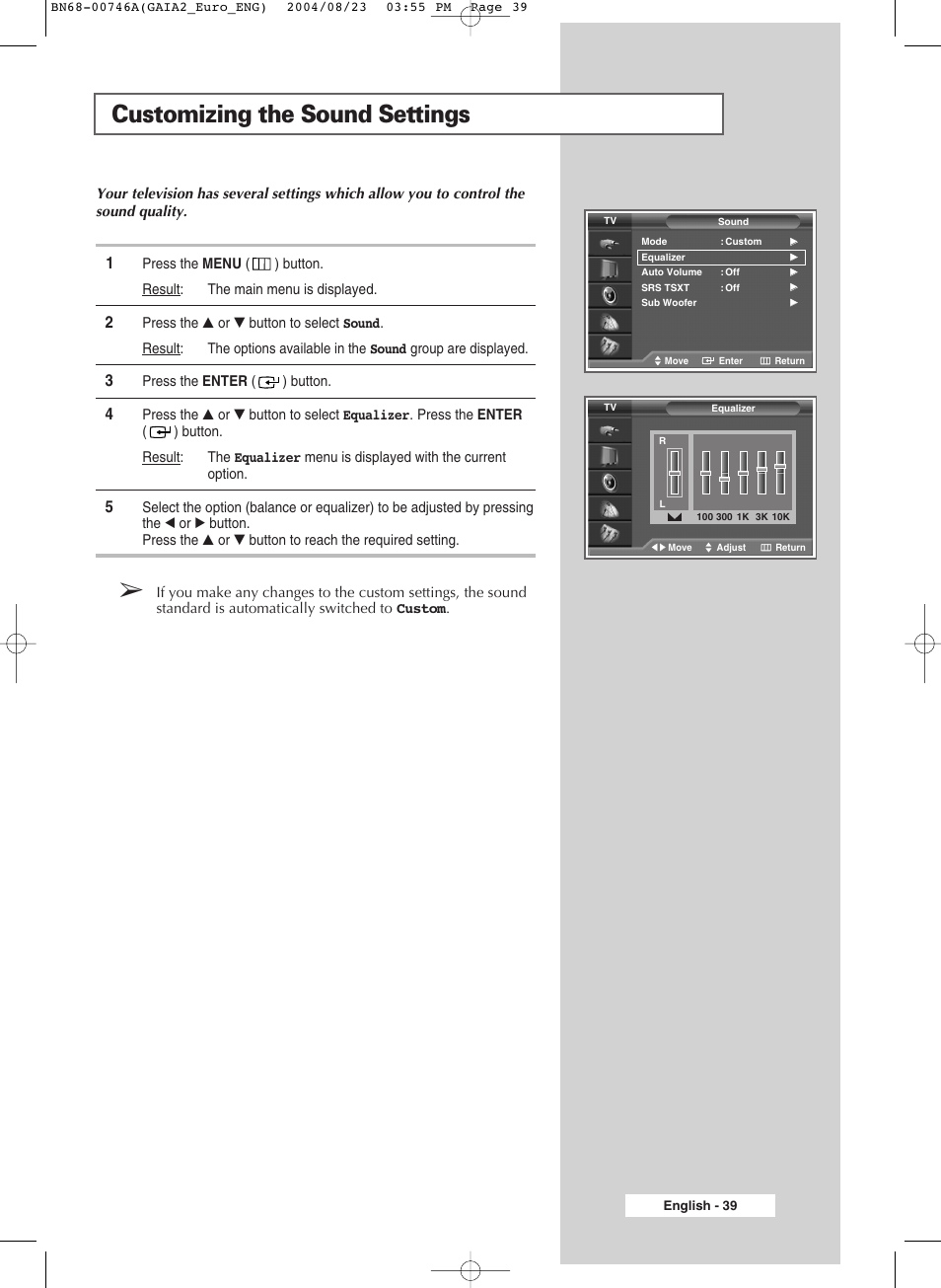 Customizing the sound settings | Samsung LW-46G15 W User Manual | Page 39 / 72