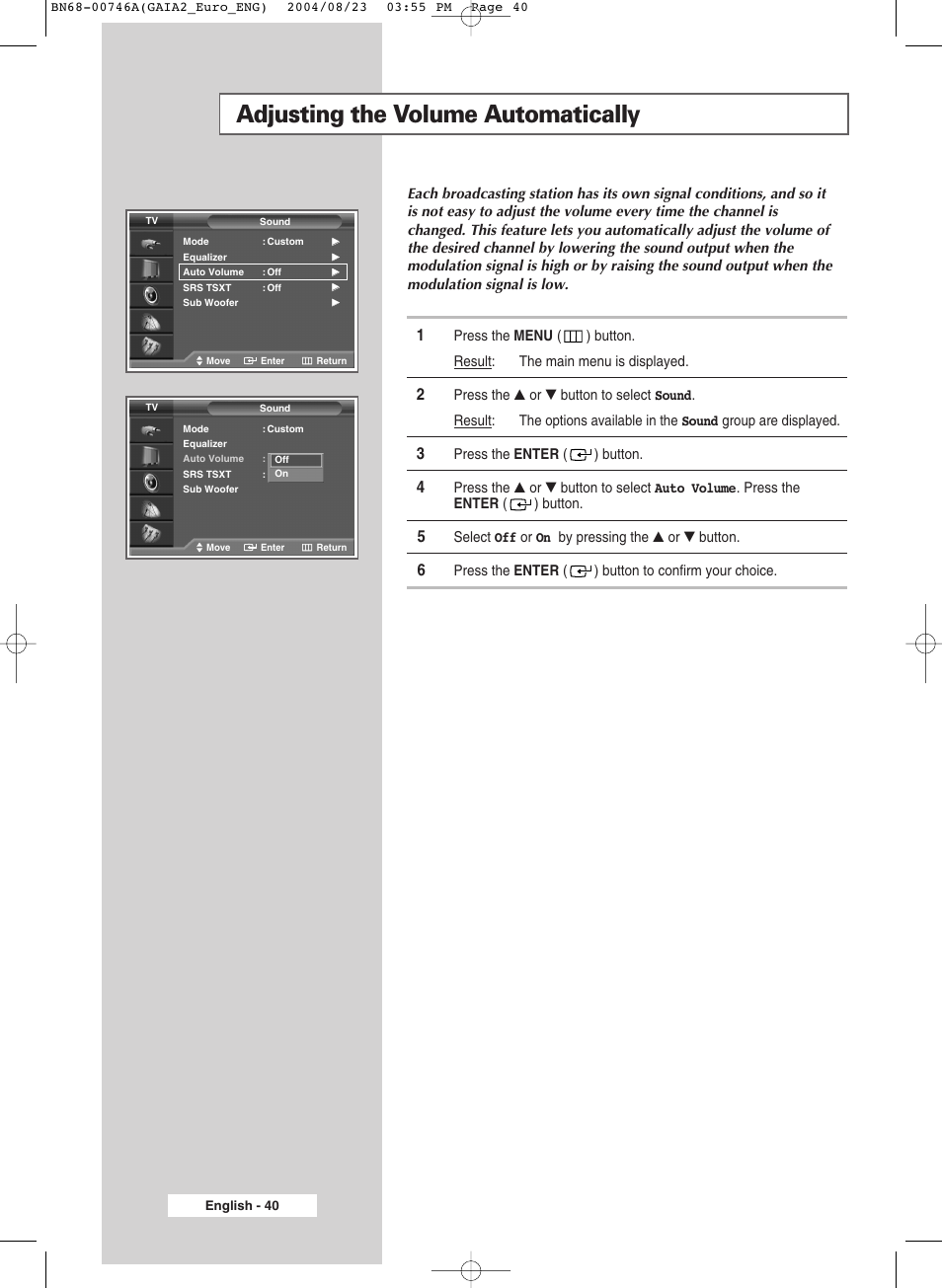 Adjusting the volume automatically | Samsung LW-46G15 W User Manual | Page 40 / 72