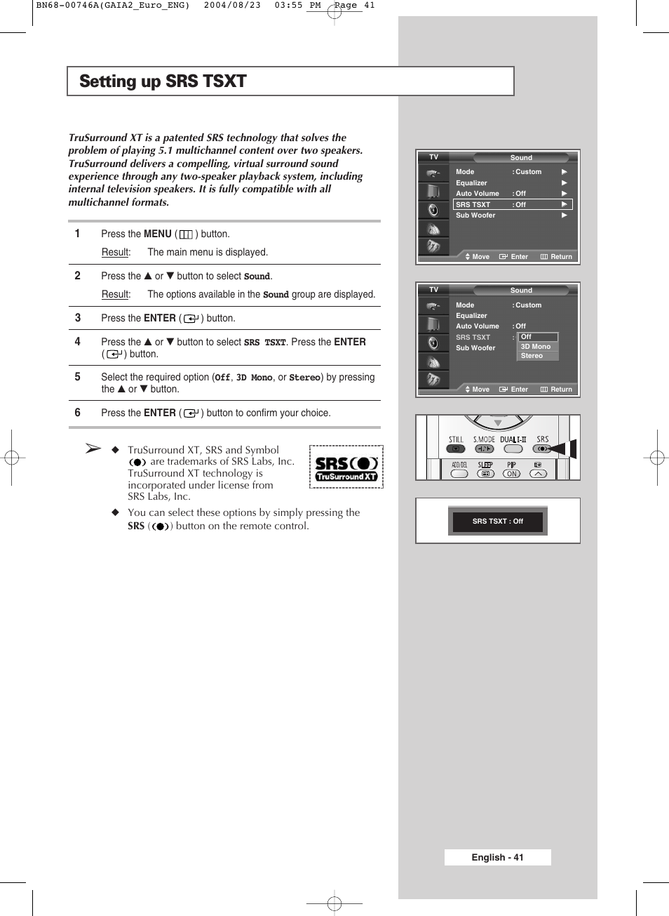 Setting up srs tsxt | Samsung LW-46G15 W User Manual | Page 41 / 72