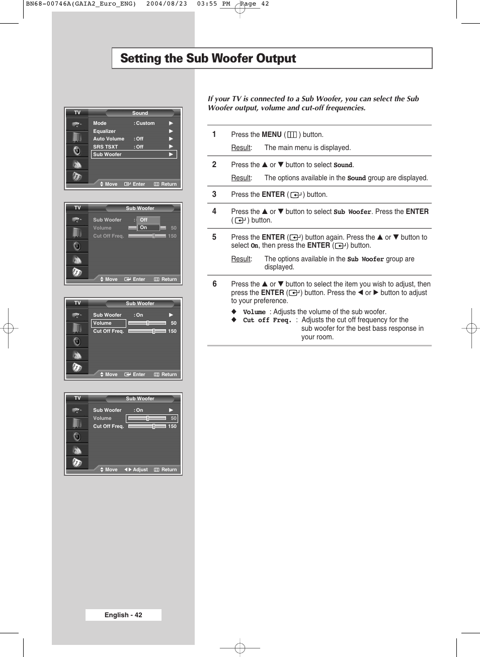 Setting the sub woofer output | Samsung LW-46G15 W User Manual | Page 42 / 72