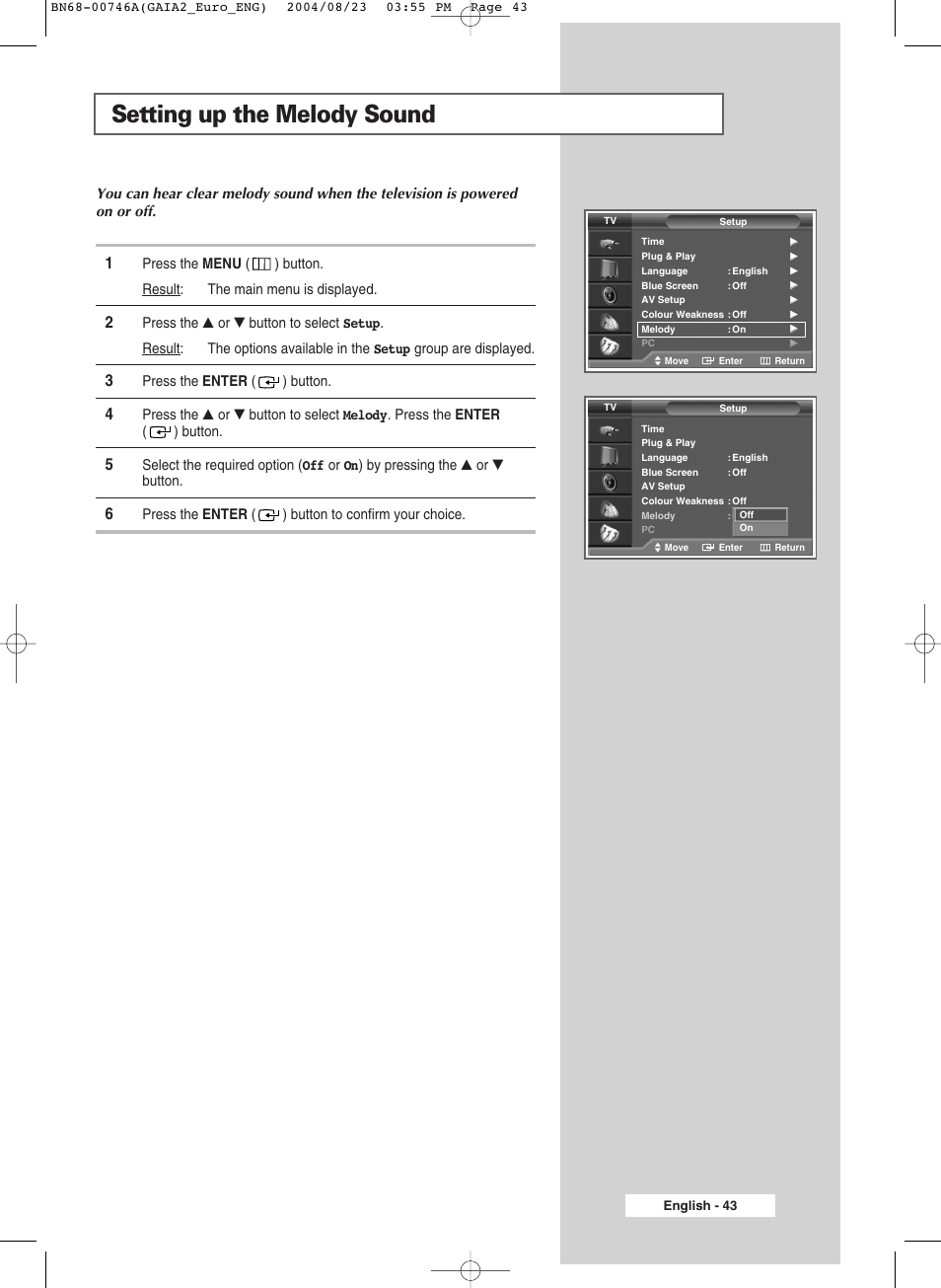 Setting up the melody sound | Samsung LW-46G15 W User Manual | Page 43 / 72
