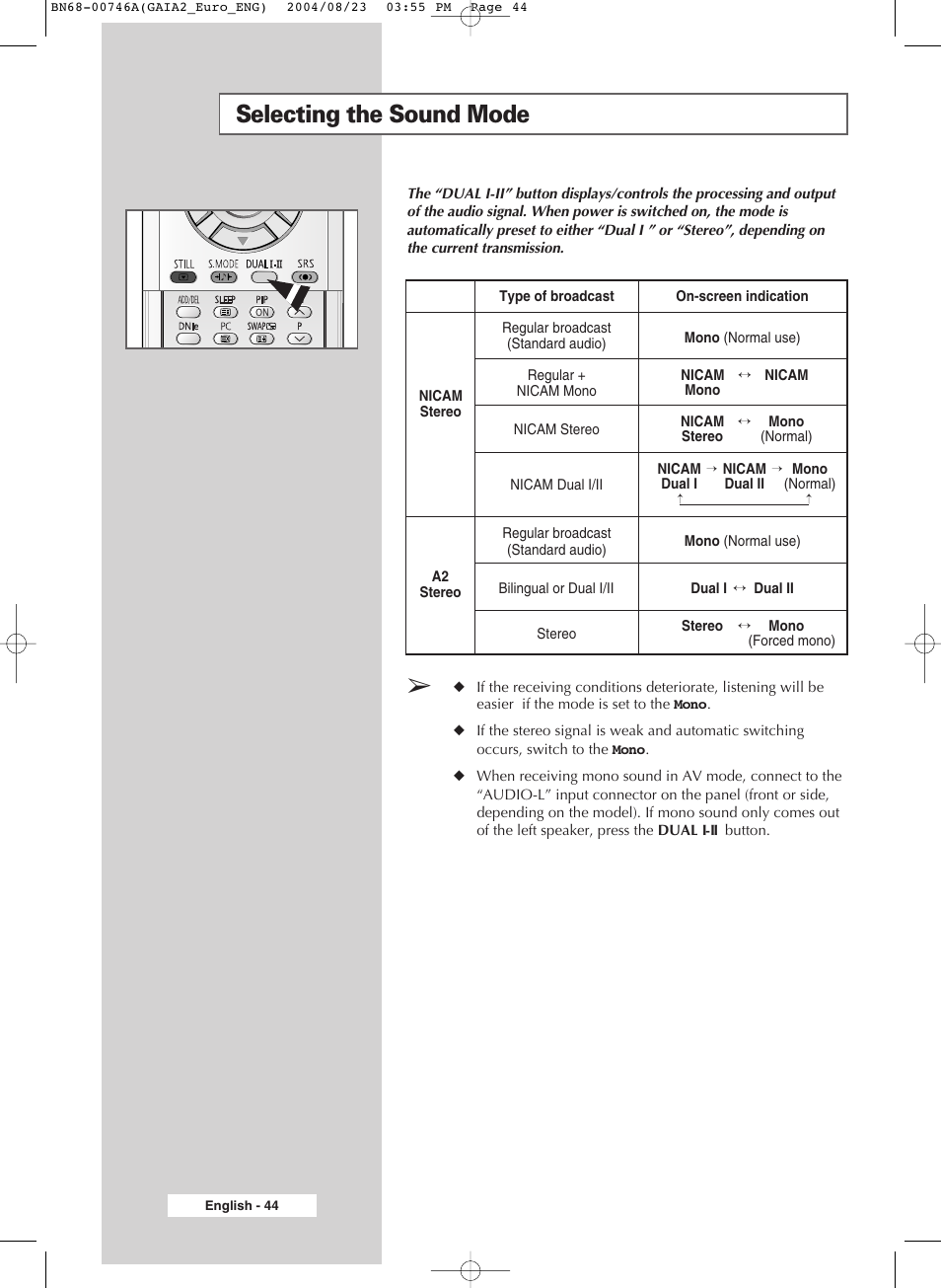 Selecting the sound mode | Samsung LW-46G15 W User Manual | Page 44 / 72