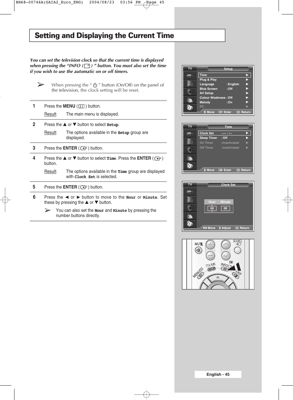 Setting and displaying the current time | Samsung LW-46G15 W User Manual | Page 45 / 72