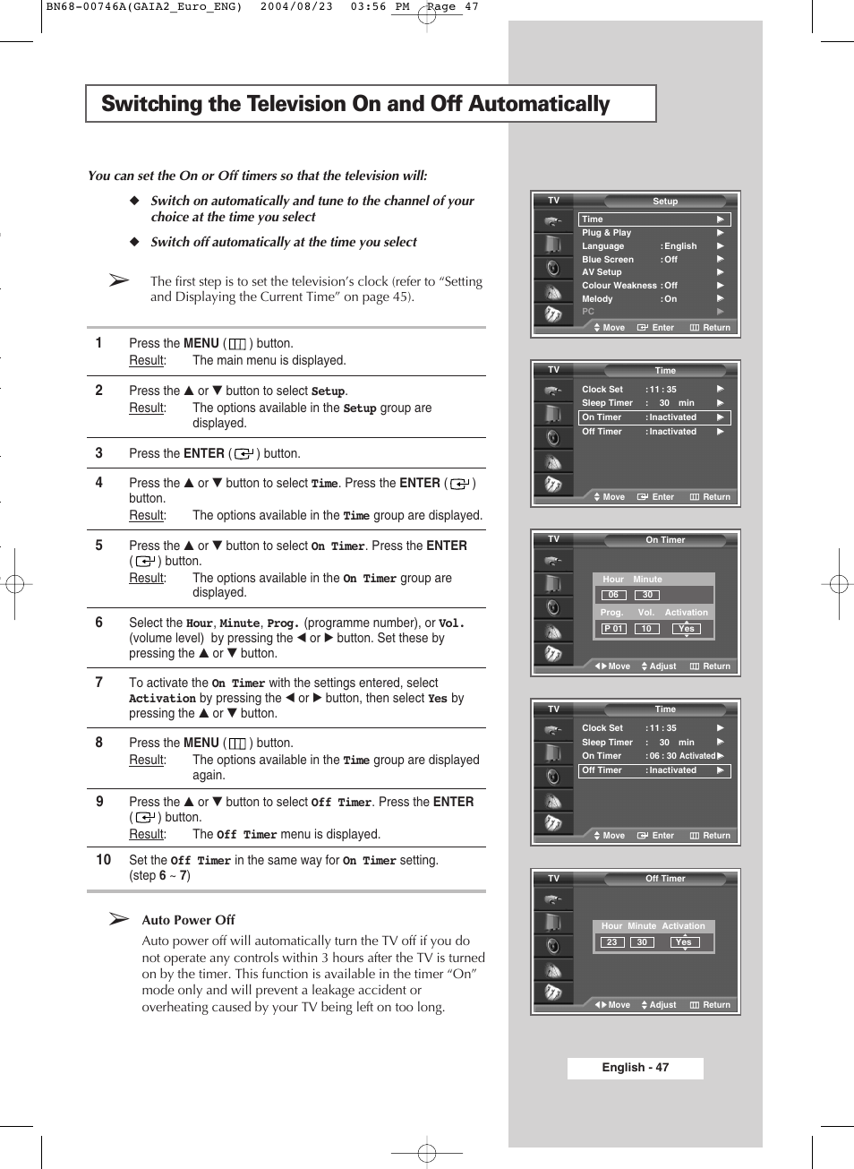 Switching the television on and off automatically | Samsung LW-46G15 W User Manual | Page 47 / 72