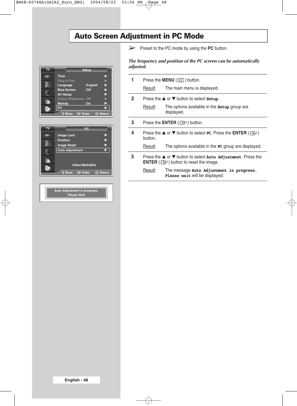 Auto screen adjustment in pc mode | Samsung LW-46G15 W User Manual | Page 48 / 72