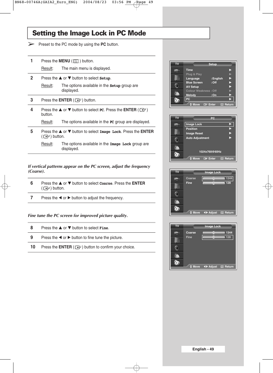 Setting the image lock in pc mode | Samsung LW-46G15 W User Manual | Page 49 / 72