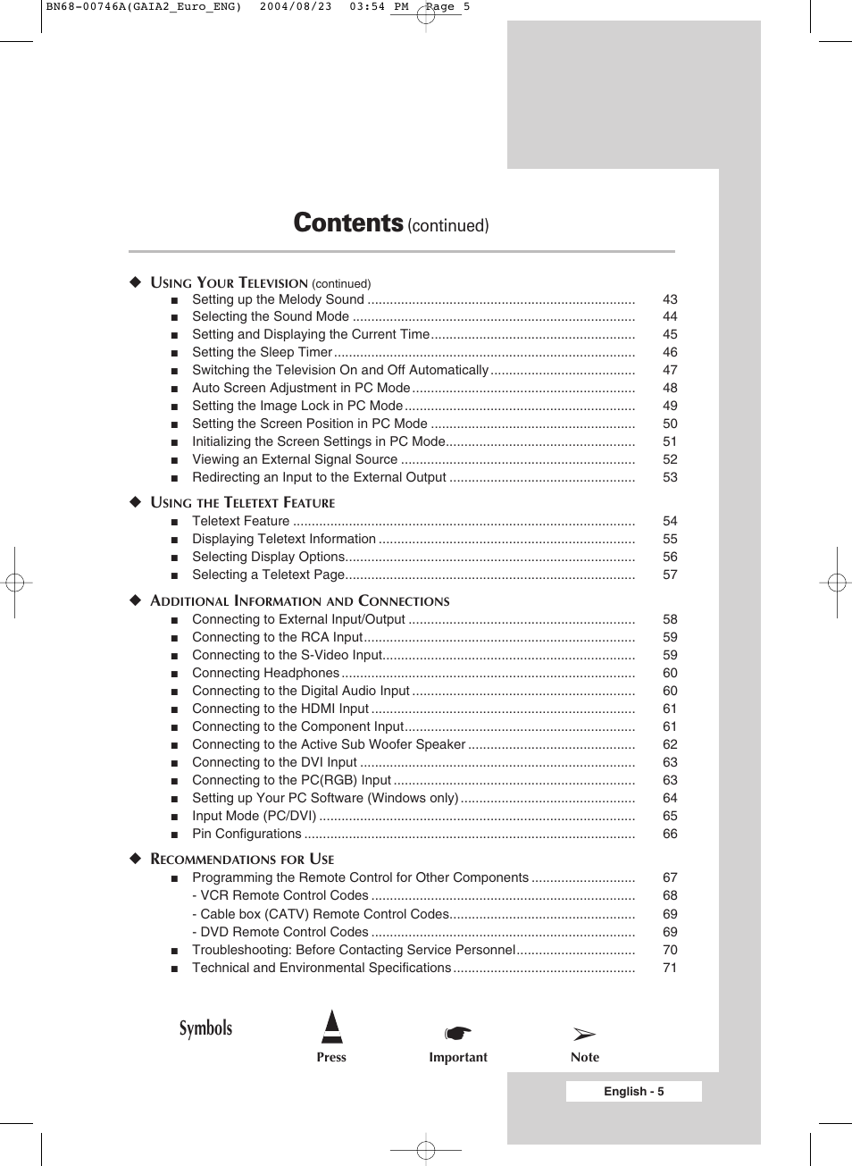 Samsung LW-46G15 W User Manual | Page 5 / 72