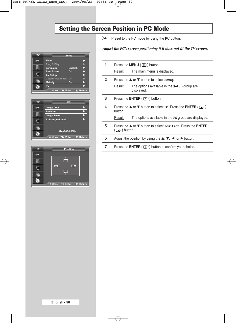 Setting the screen position in pc mode | Samsung LW-46G15 W User Manual | Page 50 / 72