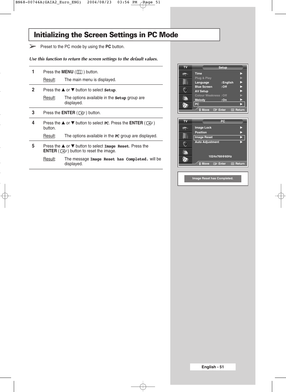 Initializing the screen settings in pc mode | Samsung LW-46G15 W User Manual | Page 51 / 72