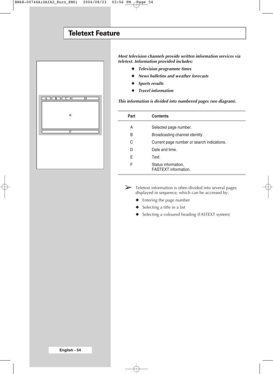 Teletext feature | Samsung LW-46G15 W User Manual | Page 54 / 72