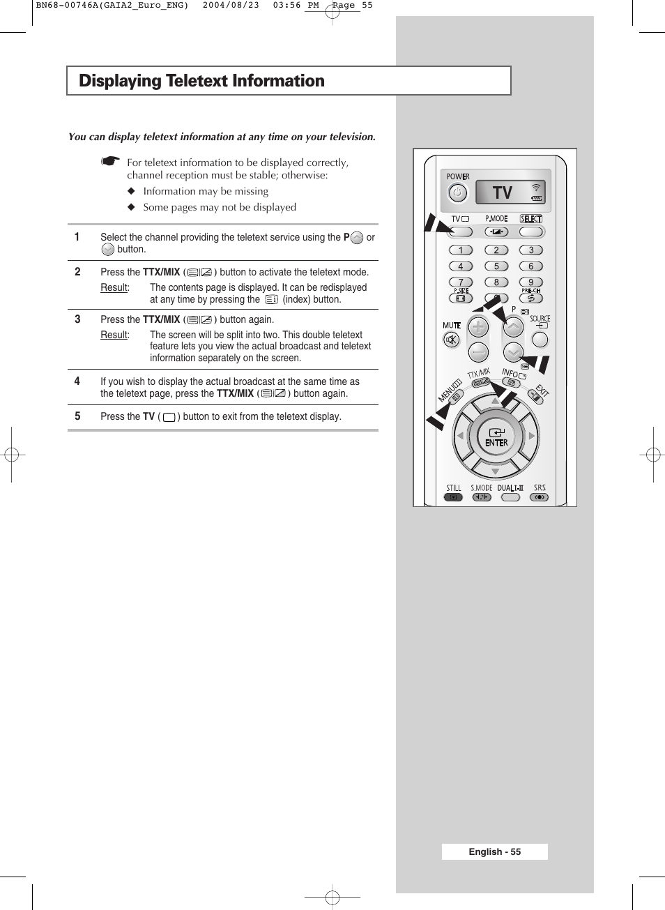 Displaying teletext information tv | Samsung LW-46G15 W User Manual | Page 55 / 72