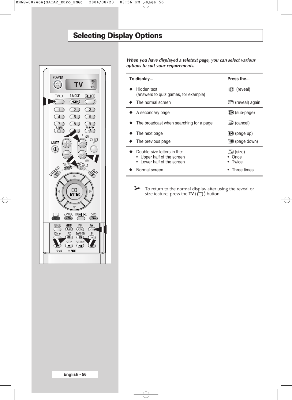 Selecting display options | Samsung LW-46G15 W User Manual | Page 56 / 72