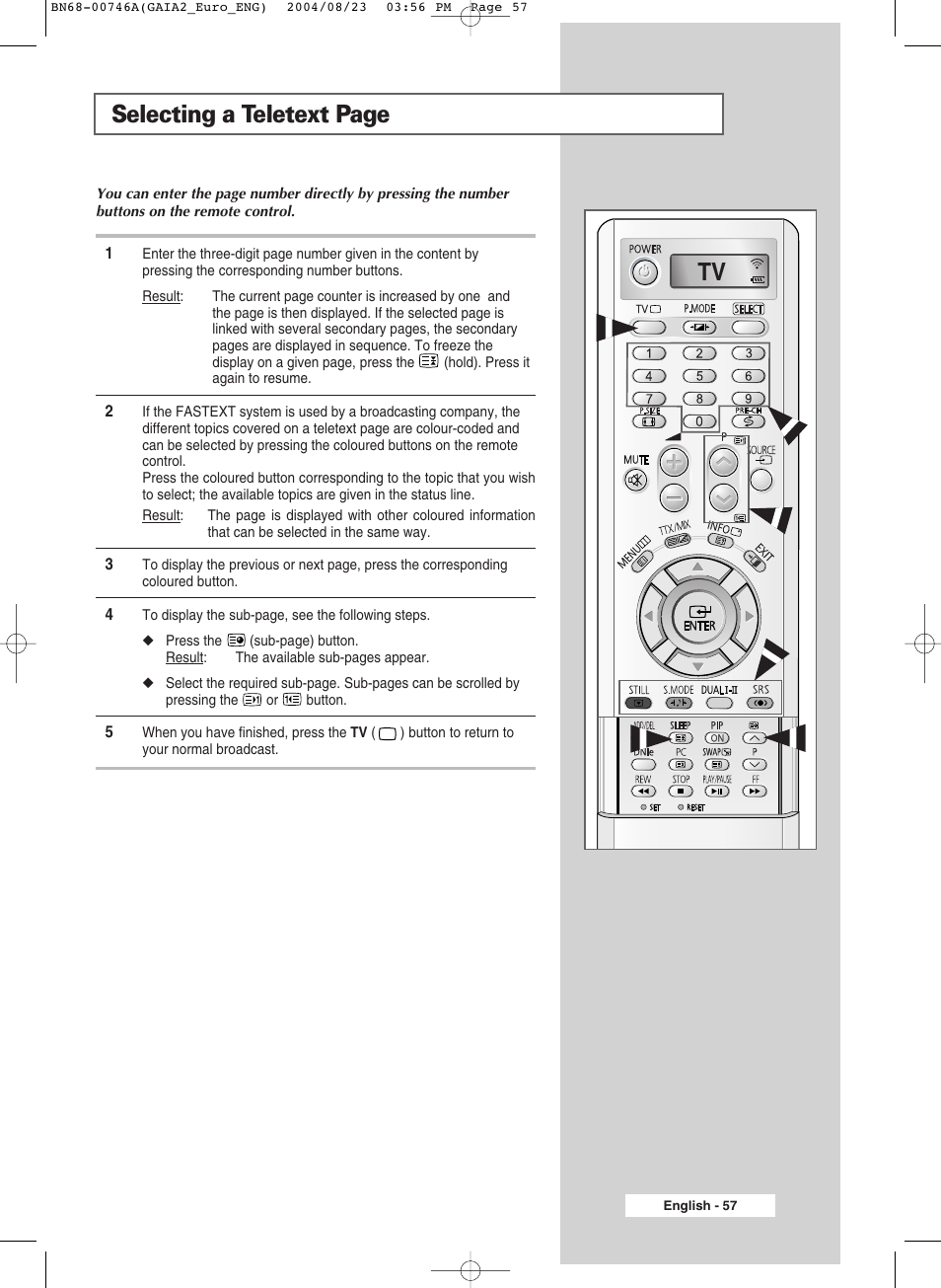 Selecting a teletext page | Samsung LW-46G15 W User Manual | Page 57 / 72