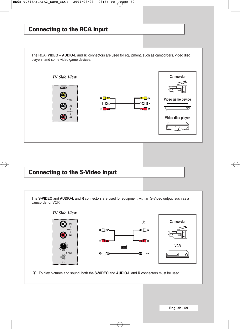 Connecting to the rca input, Connecting to the s-video input | Samsung LW-46G15 W User Manual | Page 59 / 72