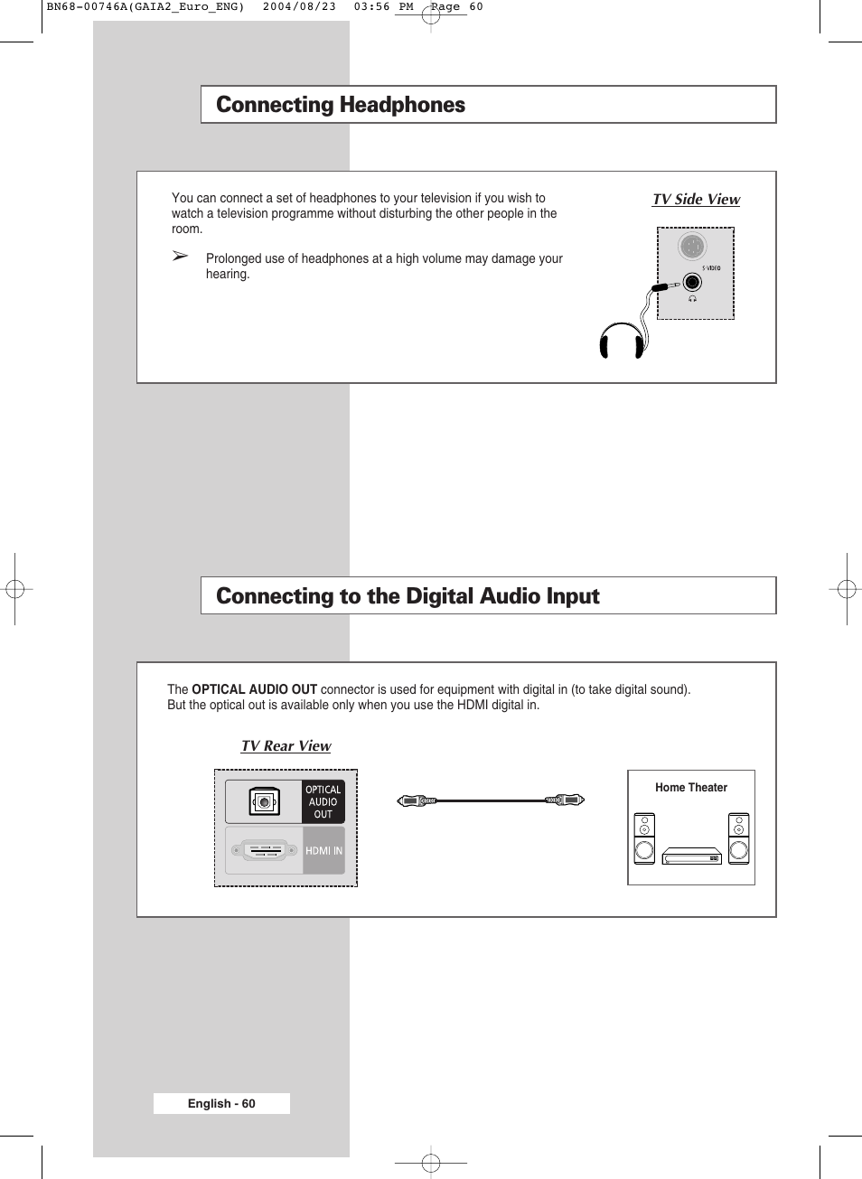 Connecting to the digital audio input, Connecting headphones | Samsung LW-46G15 W User Manual | Page 60 / 72