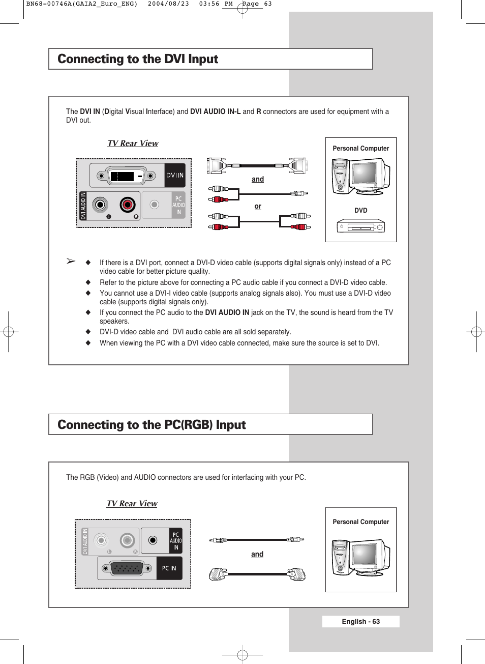 Connecting to the dvi input, Connecting to the pc(rgb) input | Samsung LW-46G15 W User Manual | Page 63 / 72